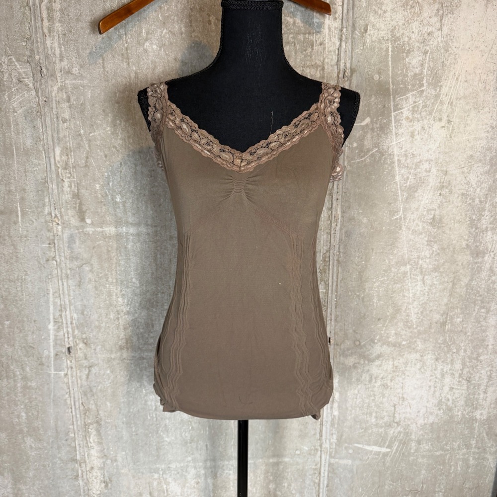 M. Rena Women Brown Lace Trim Ribbed Camisole Tank Top One Size Made in USA 141B